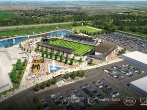 This is a rendering of a proposed soccer stadium at Prairieland Park in Saskatoon being proposed by Living Sky Sports and Entertainment and Prairieland Park. The stadium would be be built where the Marquis Downs horse racing facility used to be. (Prairieland Park)