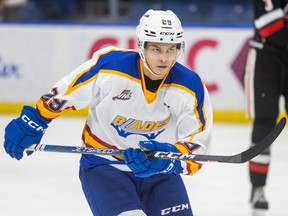 Saskatoon Blades forward Jordan Keller (29) skates down the ice during WHL action against the Moose Jaw Warriors in Saskatoon on Jan. 18, 2023.