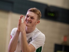 University of Saskatchewan Huskies middle Quinn Buchanan gestures his thanks to the crowd after their game against the University of Calgary Dinos in men's volleyball. The Huskies defeated the Dinos 3-0. Photo taken in Saskatoon on Feb. 11, 2023.
