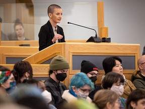Blake Tait speaks to a city council committee during a meeting regarding a request to change the policy on change room use at Saskatoon city facilities on March 8, 2023.