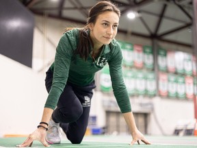U of S Huskies sprinter Kendra Farmer in the starting line at the Saskatoon Field House on Tuesday, March 7, 2023.