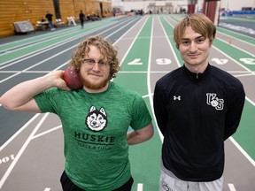 U of S Huskies shot putter Myles Quick and distance runner Quintan Fast stand for a photo at the Saskatoon Field House. Photo taken in Saskatoon on Tuesday, March 7, 2023.