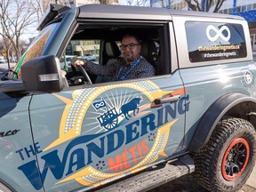 Jason McKay drives his decorated Ford Bronco around the province as the Wandering Metis.