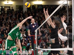 Huskies’ Quinn Buchanan competes against the Calgary Dinos Friday night for Canada West bronze at the PAC. The winner advances to nationals. Photo taken in Saskatoon, Sask. on Friday, March 10, 2023.