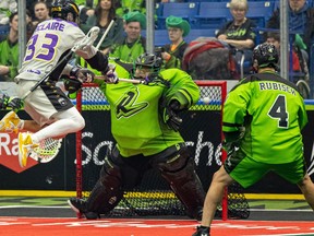 Saskatchewan Rush's goalie Alex Buque lets in a goal during a NLL game against San Diego at SaskTel Centre. Photo taken in Saskatoon on Saturday, March 11, 2023.