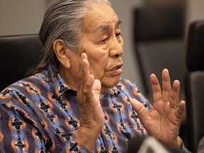 Elder Doug Morningchild speaks during a media conference held by the Federation of Sovereign Indigenous Nations about conservation officers raiding his home on Makwa Sahgaiehcan First Nation.