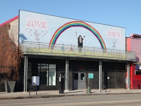 Love Back by Adrian Stimson is on display in the PAVED Arts billboard space.