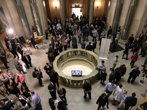 People gather in the rotunda of the Legislative Building after the reading of the provincial budget on Wednesday, March 22, 2023 in Regina.
TROY FLEECE / Regina Leader-Post