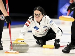 Kerri Einarson, Canada, in action during the match between Norway and Canada during the semi finals of the LGT World Women's Curling Championship at Goransson Arena in Sandviken, Sweden, Saturday, March 25, 2023.