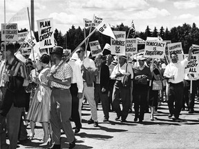 About 1,000 people took up placards in July of 1962 at the legislatures in Regina, Sask., to show their concern over Saskatchewan's medicare plan.