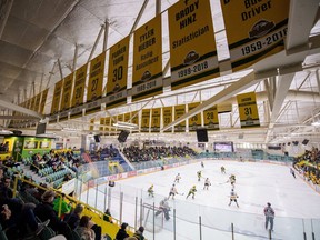 The Humboldt Broncos take on the Nipawin Hawks in the first round of Saskatchewan Junior Hockey League playoffs at the Elgar Petersen Arena in Humboldt, Sask., on Friday, March 17, 2023. Banners in the arena represent the people who were in the deadly Humboldt bus crash in 2018.