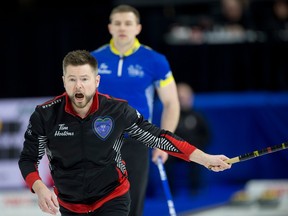 Mike McEwen competes for team Ontario at the 2023 Tim Hortons Brier.