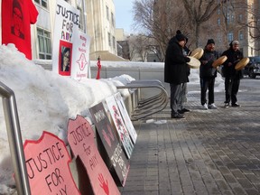 Victim and family supporters gathered on Wednesday, March 8, 2023 outside of Saskatoon's Court of Kings Bench, where Ivan (Roberto) Martell was on trial for first-degree murder in the March 4, 2020 death of Ally Moosehunter. Photo taken in Saskatoon, SK on Wednesday, March 8, 2023.