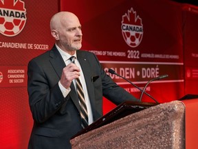 Earl Cochrane attends a Canada Soccer event in Winnipeg in a May 7, 2022 handout photo. Cochrane appears Monday before the Heritage Committee as the parliamentary body continues its investigation into the labour dispute involving the men's and women's national teams.
