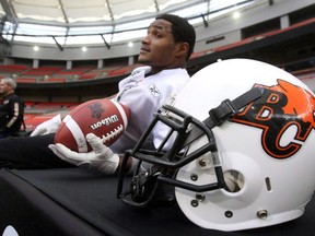 B.C. Lions wide receiver Arland Bruce III takes a break during a practice in Vancouver, Friday, November 25, 2011. It's five years and counting for the CFL Players' Association and executive director Brian Ramsay. The CFLPA has been fighting to have its members covered by workers' compensation since 2018. That's when the Supreme Court of Canada decided against hearing former player Bruce concussion lawsuit against the CFL and former commissioner Mark Cohon.