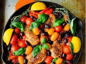 Skillet chicken breasts with tomatoes and olives. Photo by Renee Kohlman.