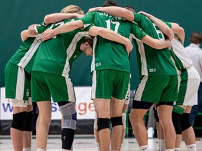 U of S Huskies, shown here against UBC Okanagan Heat in Canada West men's volleyball action at the PAC, lost their quarterfinal match Friday at the U Sports men's volleyball championship tournament. Photo taken in Saskatoon, Sask. on Friday, Dec. 2, 2022.