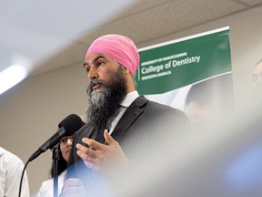 Federal NDP Leader Jagmeet Singh holds a press conference about dental care at the Dental Education Clinic at the University of Saskatchewan in Saskatoon on April 13, 2023.