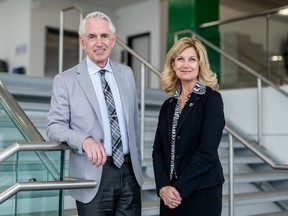 University of Saskatchewan president Peter Stoicheff (left) and vice-president of university relations Cheryl Hamelin announced a $500-million campaign, the largest in Saskatchewan's history. Funds will go toward critical research, Indigenous achievement, scholarship and bursaries, and visionary spaces. Photo taken on April 18, 2023 in Saskatoon. (Matt Smith/StarPhoenix)