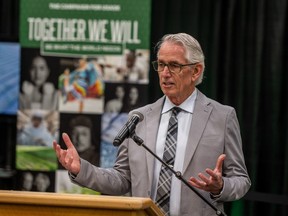 University of Saskatchewan president Peter Stoicheff speaks to media about the university's $500-million campaign, the largest in Saskatchewan's history. Photo taken on April 18, 2023 in Saskatoon, SK. Photo Matt Smith
