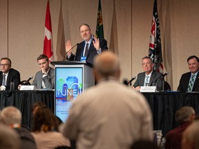 Delegates question provincial cabinet ministers at the SUMA convention "bear pit" session at TCU Place in Saskatoon. The discussion was moderated by Saskatoon city councillor Randy Donauer, shown at the podium, on April 19, 2023.