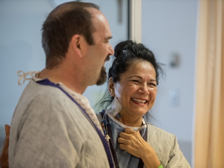  Monica Goulet, right, meets her nephew Jimmy Searson after he donated his kidney to her at St Paul’s Hospital in March, 2019. Photo courtesy of the St Paul’s Hospital Foundation.
