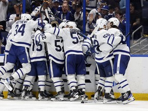 The Toronto Maple Leafs celebrate winning Game Six of the First Round of the 2023 Stanley Cup Playoffs on an overtime goal by John Tavares #91 against the Tampa Bay Lightning at Amalie Arena on April 29, 2023 in Tampa, Florida.