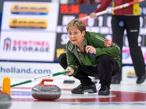 Sherry Anderson, shown at the 2021 Scotties, is into a semifinal at the world seniors curling championship.
