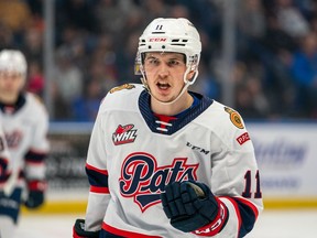 Regina Pats defenceman Stanislav Svozil celebrates a goal in a 6-5 win over the hometown Saskatoon Blades in Western Hockey League Eastern Conference playoff action Sunday at SaskTel Centre.