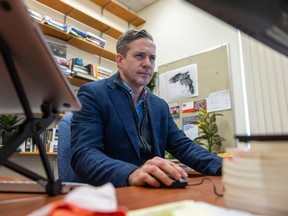 Brian McQuinn, a professor at the U of R with a specialty on social media, inside his office at the University of Regina on Jan. 31, 2023 in Regina.