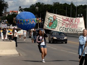 The walk against nuclear waste makes its way to the steps of the Saskatchewan legislature in Regina in August of 2011. The walkers originally started in Pinehouse to bring attention to the nuclear waste management organization's request to store waste in the province's north.