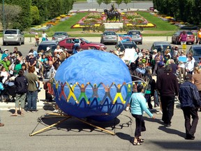 The walk against nuclear waste ended with a rally at the Saskatchewan Legislature in Regina Tuesday August 16, 2011. The walkers originally started in Pinehouse to protest a request to store nuclear waste in the province's north.