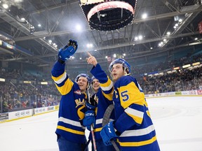 The Saskatoon Blades celebrate a Game 7 victory over the Red Deer Rebels in WHL playoffs action at SaskTel Centre. Photo taken in Saskatoon, Sask. on Tuesday, April 25, 2023.
