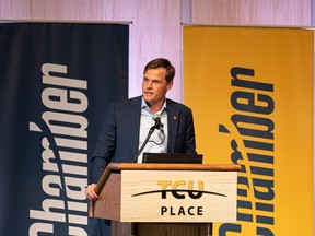 Saskatoon Mayor Charlie Clark gives his state of the city address and fireside chat at TCU Place on May 9, 2023.