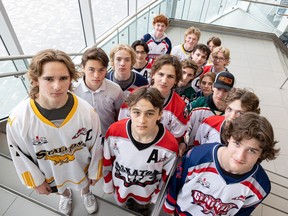 Sixteen of the SMHA players chosen in Thursday's WHL draft gather for a photo.