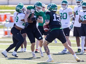 Saskatchewan Roughriders during Tuesday's training camp in Saskatoon at Griffith's Stadium. Photo taken in Saskatoon, Sask. on Tuesday, May 16, 2023.