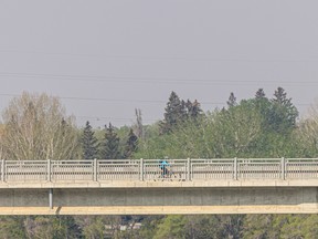 People were still enjoying the outdoors along the South Saskatchewan River in downtown Saskatoon while wildfire smoke blew in, making air quality poor on Wednesday, May 17, 2023.