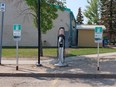 An electric vehicle charging station at a Saskatoon civic centre