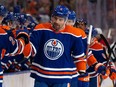 EDMONTON, AB - OCTOBER 15: Cody Ceci #5 of the Edmonton Oilers celebrates a goal against the Calgary Flames during the first period at Rogers Place on October 15, 2022 in Edmonton, Canada.