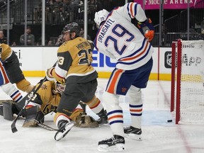Edmonton Oilers centre Leon Draisaitl (29) scores on Vegas Golden Knights goaltender Laurent Brossoit (39) during the third period of Game 1 of an NHL hockey Stanley Cup second-round playoff series, in Las Vegas, Wednesday, May 3, 2023.&ampnbsp;Draisaitl's four-goal game wasn't enough for the Edmonton Oilers in a 6-4 loss to the Vegas Golden Knights to open their second-round playoff series Wednesday.