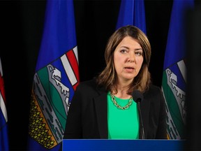 UCP leader Danielle Smith speaks during a press conference in Calgary on Thursday, May 11, 2023.