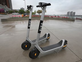 A pair of Bird e-scooters seen in downtown Windsor, Ont. Bird and rival firm Neuron were announced Wednesday as the winners of a public bid process to provide a fleet of shared e-scooters for use in Saskatoon in a two-year pilot project.