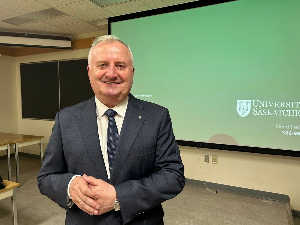 Volodymyr Ladyka, rector of Sumy National Agrarian University in Ukraine, poses for a photo at the University of Saskatchewan on May 24, 2023. Ladyka is visiting universities in Canada's Prairie provinces to help foster co-operation that will help Ukraine's farming sector recover from the effects of Russia's invasion.