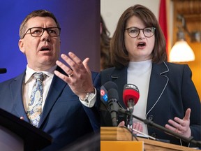 A composite image of Premier Scott Moe, left, and NDP Leader Carla Beck. Michelle Berg /Star Phoenix left photo Troy Fleece / Regina Leader-Post right photo.