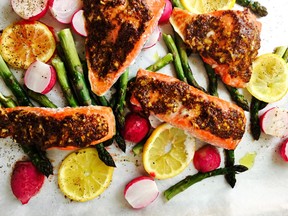 Mustard-crusted salmon with roasted radishes and asparagus.