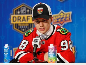 Connor Bedard speaks to the media after being selected by the Chicago Blackhawks with the first overall pick during round one of the 2023 Upper Deck NHL Draft at Bridgestone Arena on June 28, 2023 in Nashville, Tennessee.