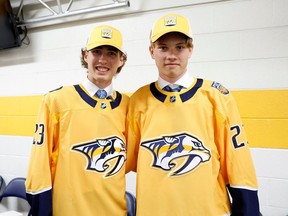 Kalan Lind (left), 46th overall pick, and Felix Nilsson, 43rd overall pick, of the Nashville Predators pose during the 2023 Upper Deck NHL Draft at Bridgestone Arena on June 29, 2023 in Nashville, Tennessee.