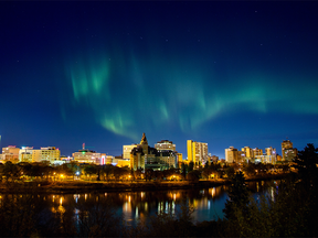 Saskatoon skyline with the Northern Lights