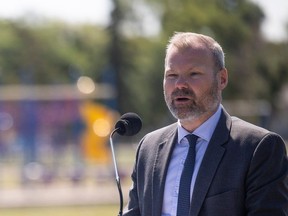 Education Minister Dustin Duncan speaks during an announcement for the site selection for the new joint-use elementary school in North Regina on Tuesday, June 27, 2023 in Regina.