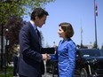 Canadian Prime Minister Justin Trudeau greets President of the Republic of Moldova Maia Sandu in Ottawa on Thursday, May 11, 2023.